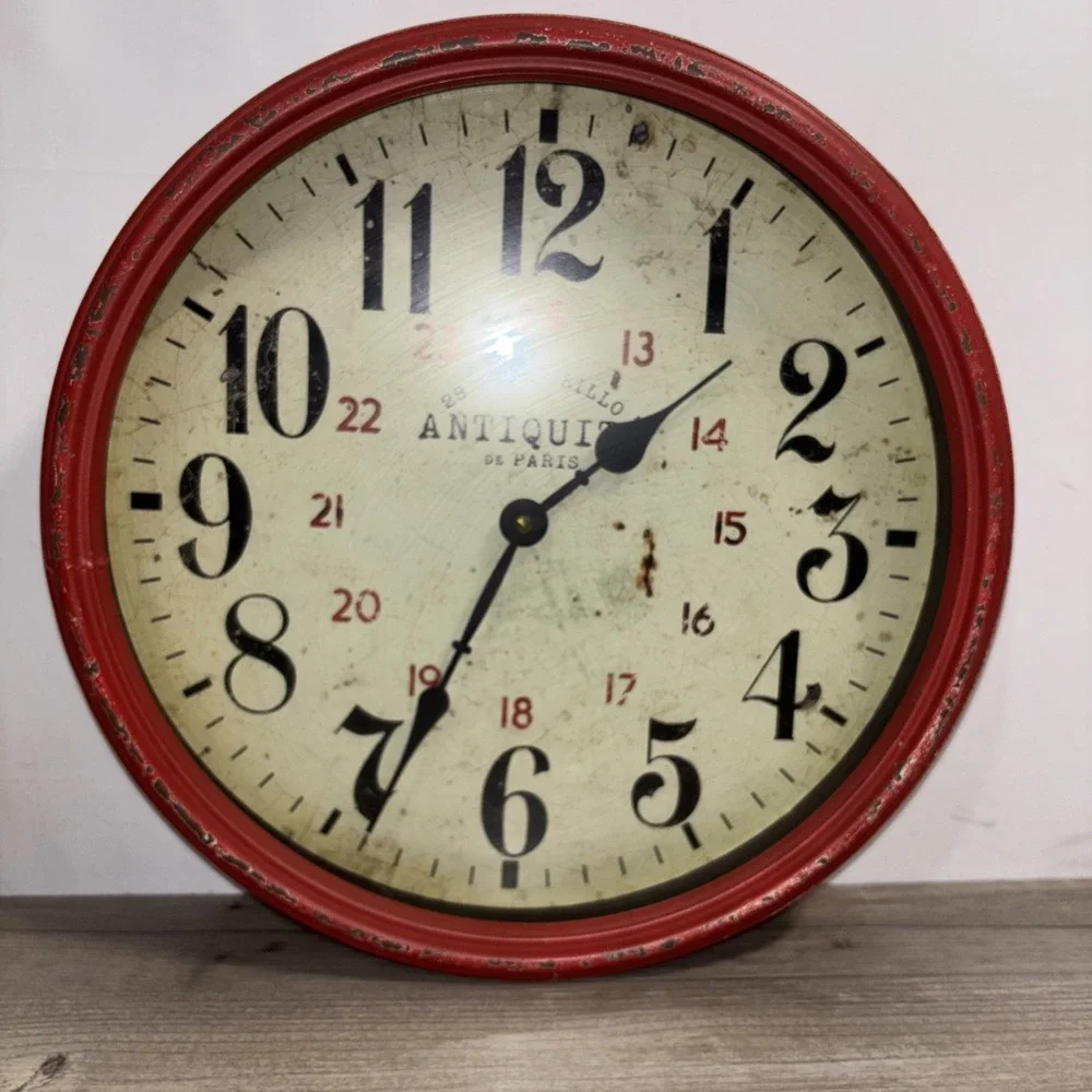 ANTIQUITE DE PARIS Distressed Look Chippy Metal Clock Red Heavy Industrial WORKS